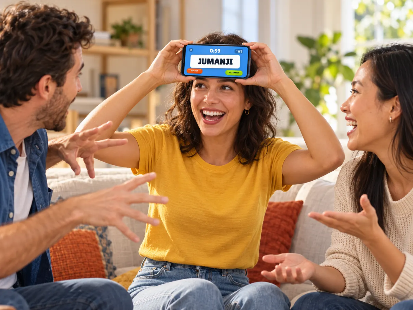 Three friends laughing on a sofa while one holds a phone showing the word JUMANJI to her forehead