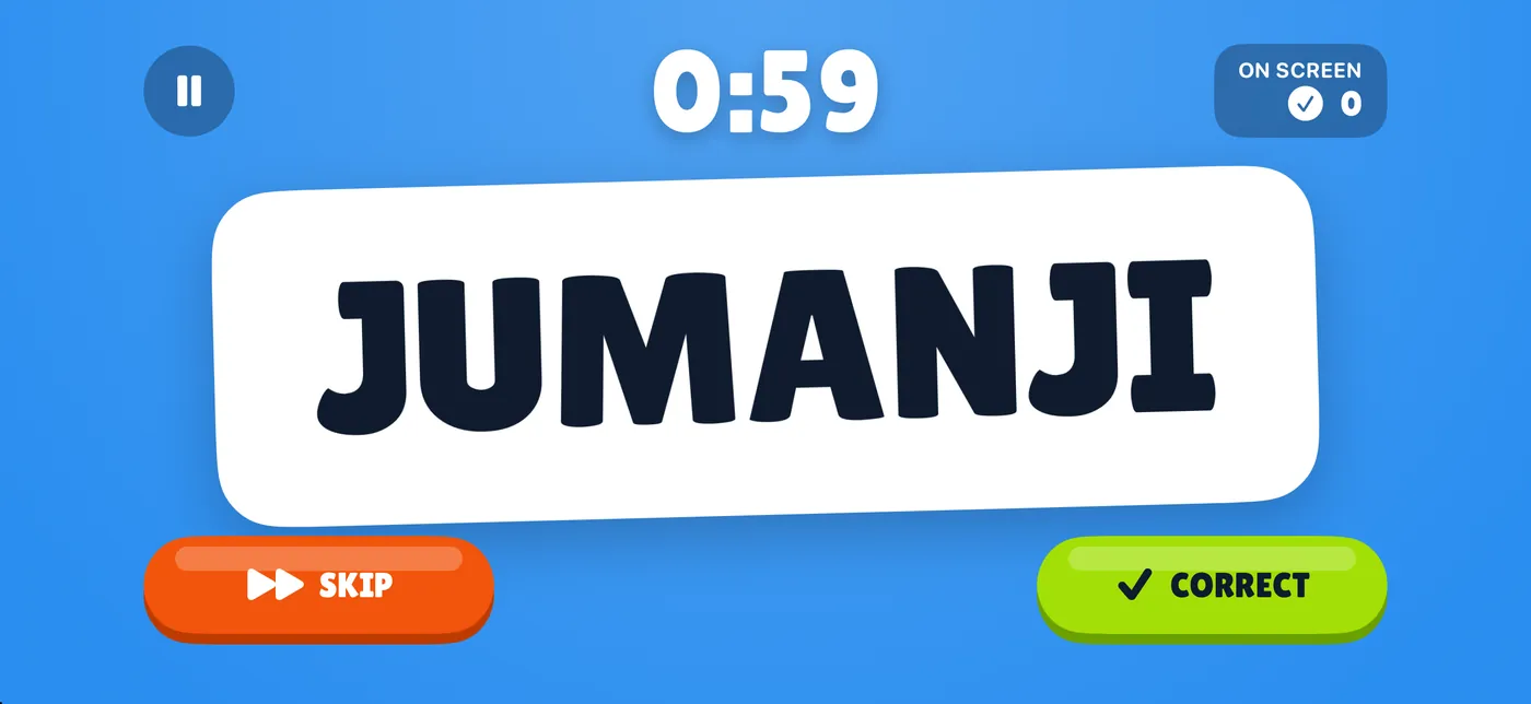 Mimo play screen: the word JUMANJI on a white card with 59 seconds left