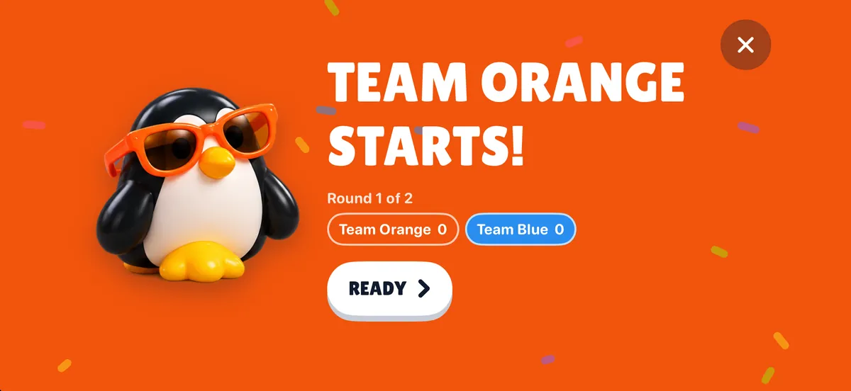 Team handoff screen: Team Orange starts, round 1 of 2
