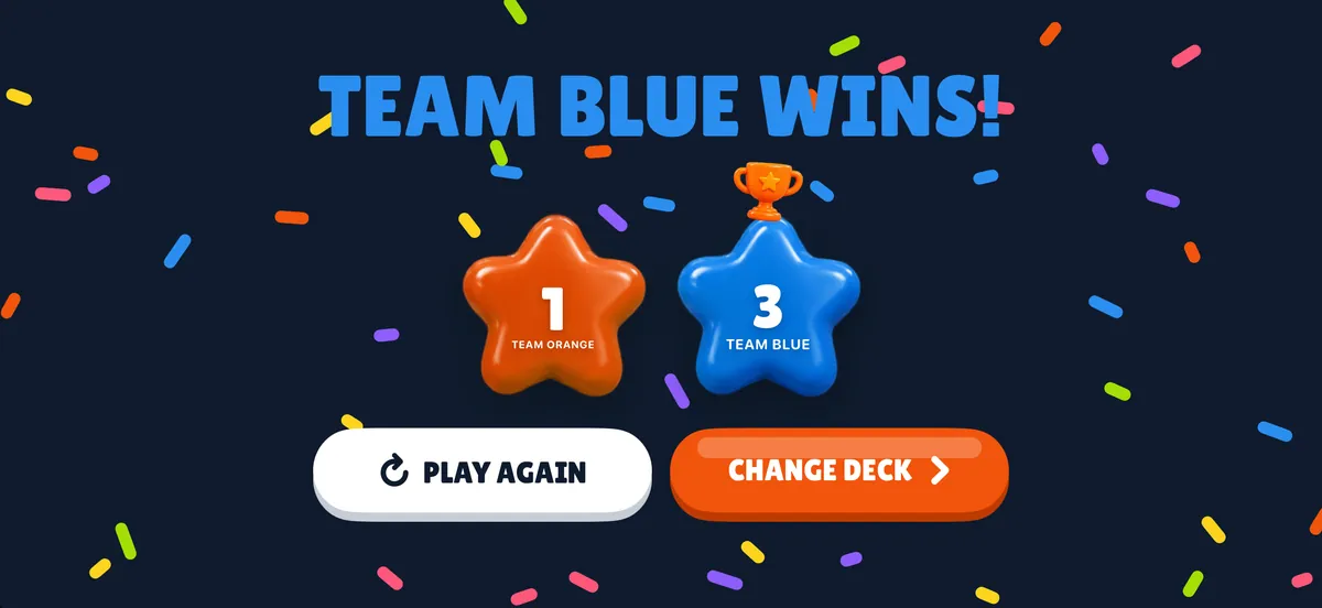 Winner screen: Team Blue wins 3 to 1, with Play again and Change deck buttons